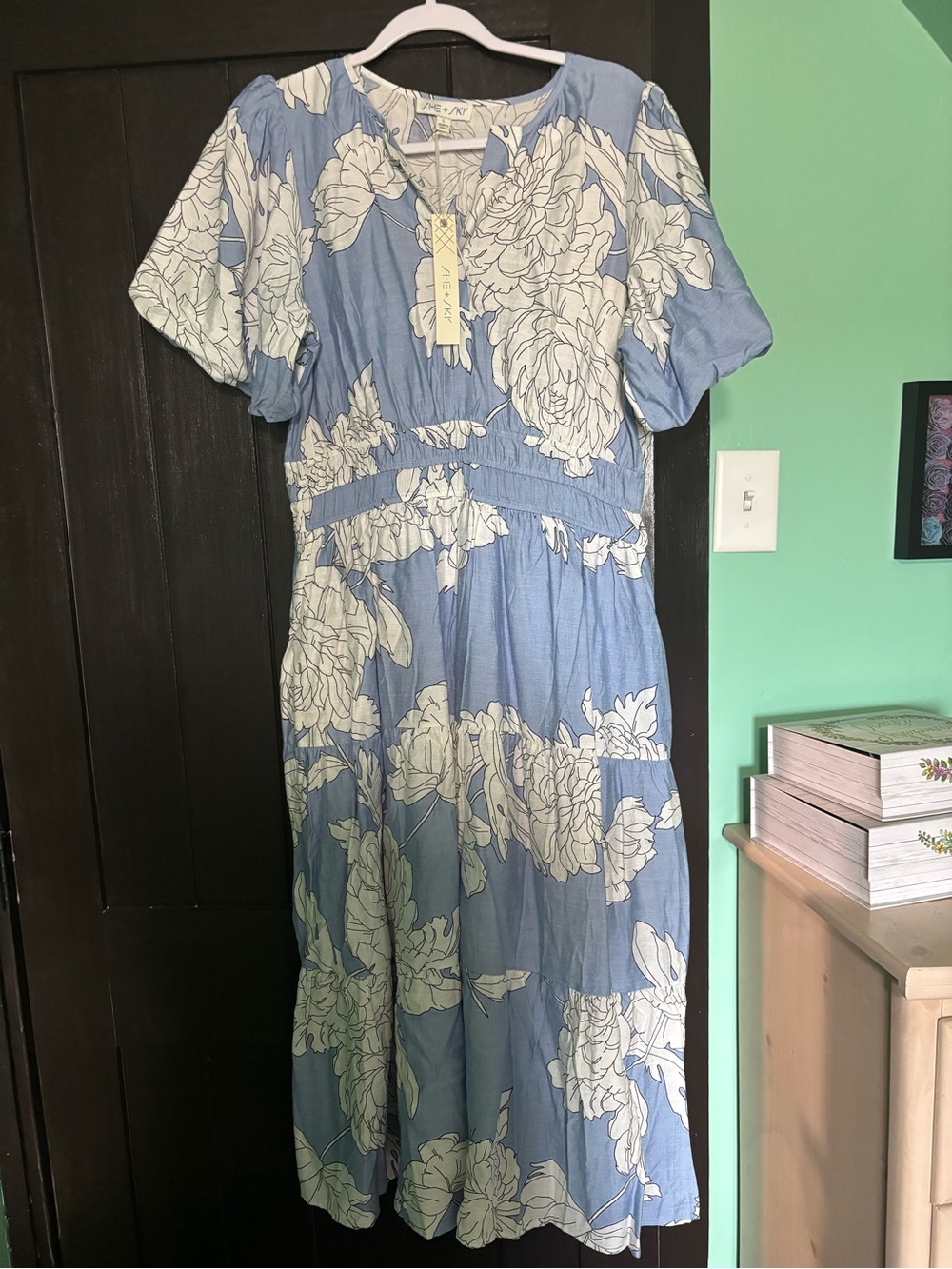 Light Blue Floral Midi Dress with White Blooms by Anna Sui